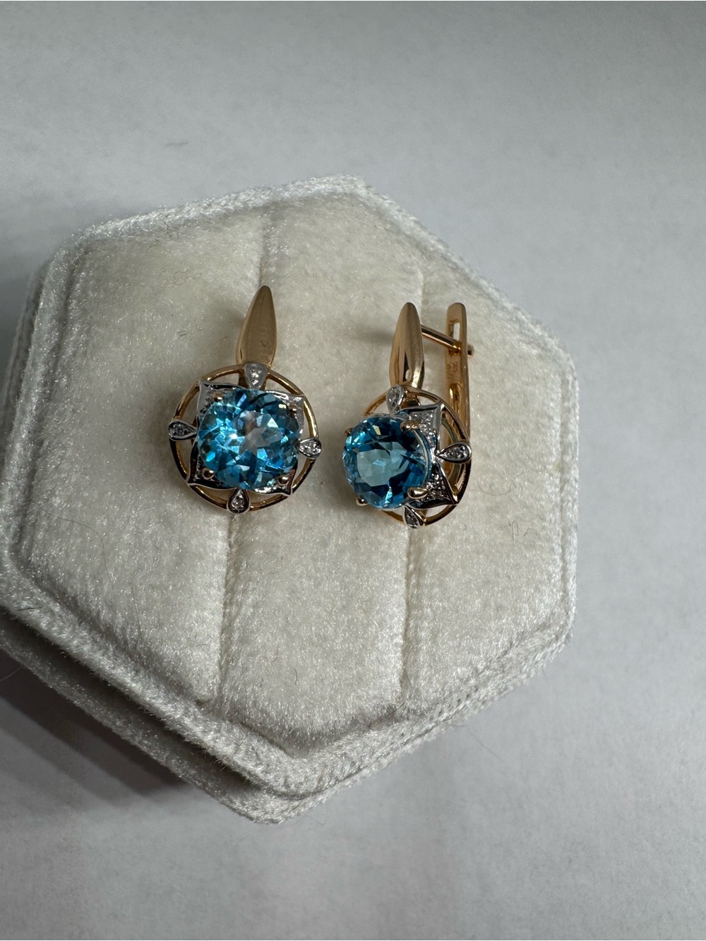 14K 585 Rose Gold Blue Topaz & Diamond Earrings - Picture 4 of 16